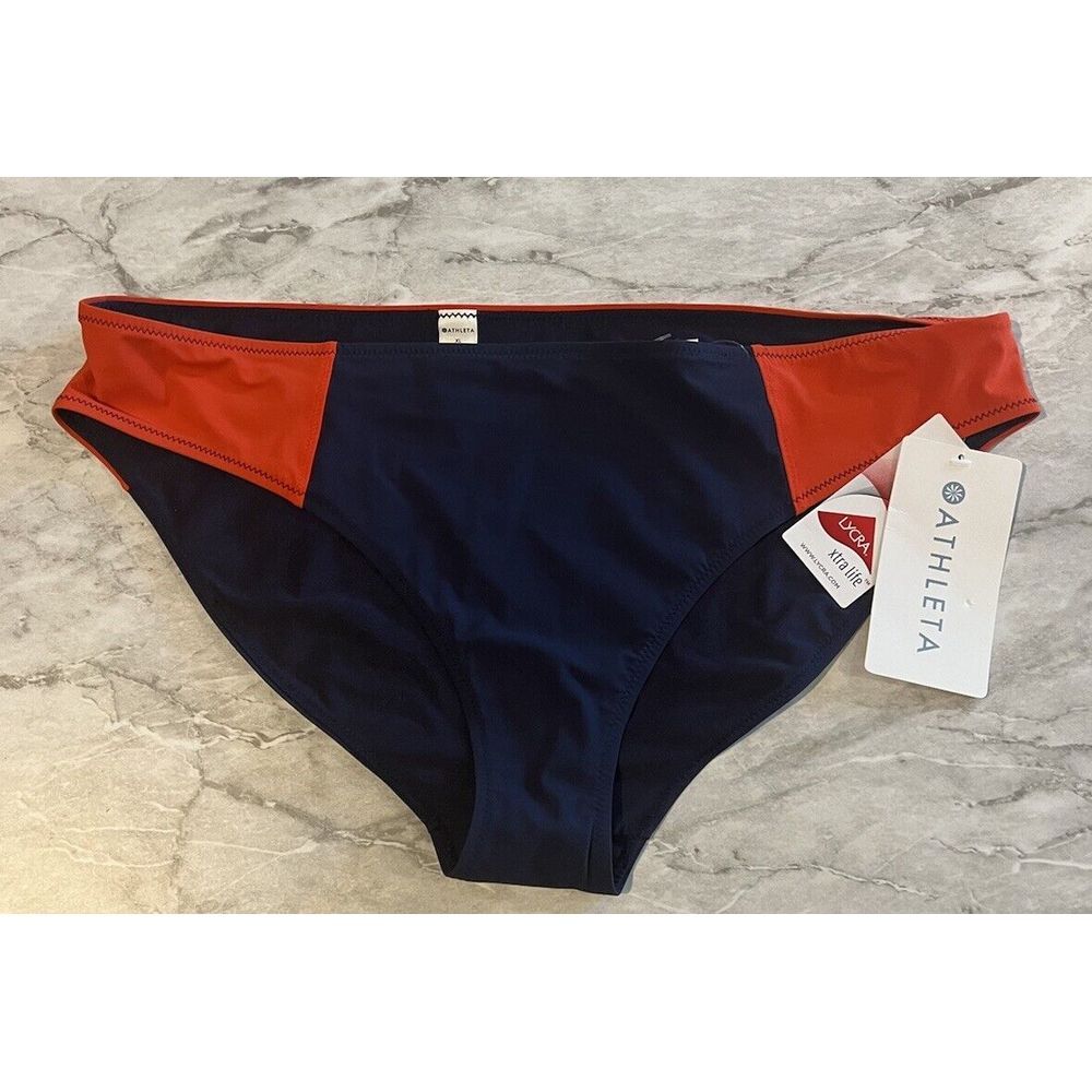 Athleta Colorblock Mid Rise Bikini Bottom Size XL Red‎ Orange Navy Blue